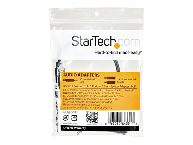 StarTech.com 4 Position to 2x 3 Position 3.5mm Headset Splitter Adapter - Headset splitter - 4-pole mini jack male to mini jack female - 20 cm - black - for P/N: DK30A2DH, DK30CHDDPPD, DK30CHDPPDUE, MST30C2HDPPD, USB3SMDOCK4K, USB3VDOCKD