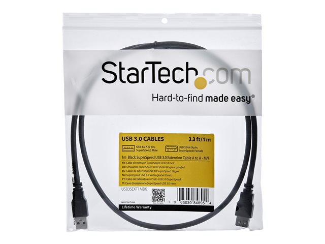 StarTech.com 1m Black SuperSpeed USB 3.0 Extension Cable A to A - Male to Female USB 3 Extension Cable Cord 1 m (USB3SEXT1MBK) - USB extension cable - USB Type A (M) to USB Type A (F) - USB 3.0 - 1 m - black - for P/N: BNDDKT30CAHV, SV211DPUA4K, SV211HDUA4K, USB2001EXT2NA, USB2002EXT2NA, USB2004EXT2NA