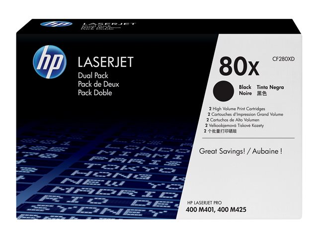 HP 80X - 2-pack - High Yield - black - original - LaserJet - toner cartridge (CF280XD) - for LaserJet Pro 400 M401, MFP M425