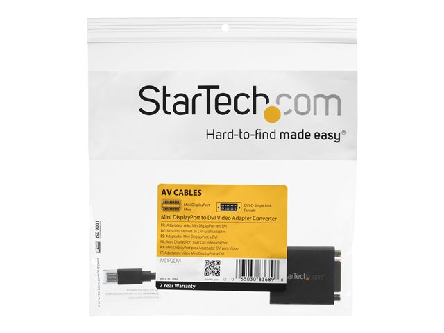 StarTech.com Mini DisplayPort to DVI Adapter - 1920x1200 ? Thunderbolt 2 ? mDP to DVI Converter for Your Mini DP MacBook or PC (MDP2DVI) - DVI adapter - Mini DisplayPort (M) to DVI-I (F) - 10.2 cm - black - for P/N: DP2MDPMF3, DVIDDMM1, DVIDDMM10M, DVIDDMM25, DVIDDMM2M, DVIDDMM3M, DVIDDMM5M