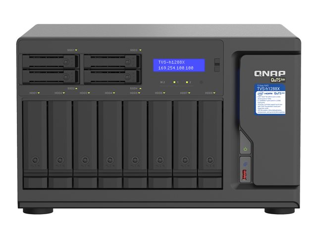 QNAP TVS-h1288X - NAS server - 12 bays - SATA 6Gb/s - RAID RAID 0, 1, 5, 6, 10, 50, JBOD, 5 hot spare, 6 hot spare, 60, 10 hot spare, RAID TP - RAM 16 GB - Gigabit Ethernet / 2.5 Gigabit Ethernet / 10 Gigabit Ethernet - iSCSI support