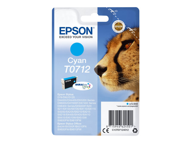 Epson T0712 - 5.5 ml - cyan - original - ink cartridge - for Stylus DX9400, SX115, SX210, SX215, SX218, SX415, SX515, SX610, Stylus Office BX310, BX610