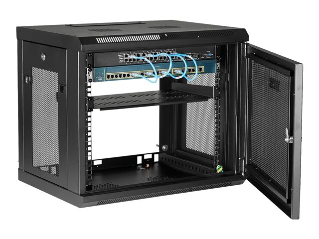 StarTech.com 2 Post 9U 19\" Wall Mount Network Cabinet, Adjustable Depth 6-15\" Locking IT Switch Depth Enclosure, Vented Computer/Electronics Equipment Data Rack w/ Shelf + Hook & Loop Tape - 19 Inch Wall Cabinet (RK9WALM) - Rack enclosure cabinet - wall mountable - black - 9U