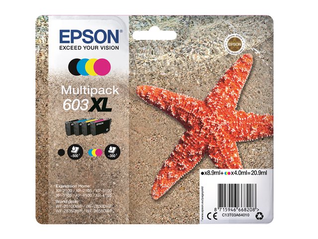 Epson 603XL Multipack - 4-pack - XL - black, yellow, cyan, magenta - original - blister - ink cartridge - for Expression Home XP-2150, 2155, 3150, 3155, 4150, 4155, WorkForce WF-2820, 2840, 2845, 2870