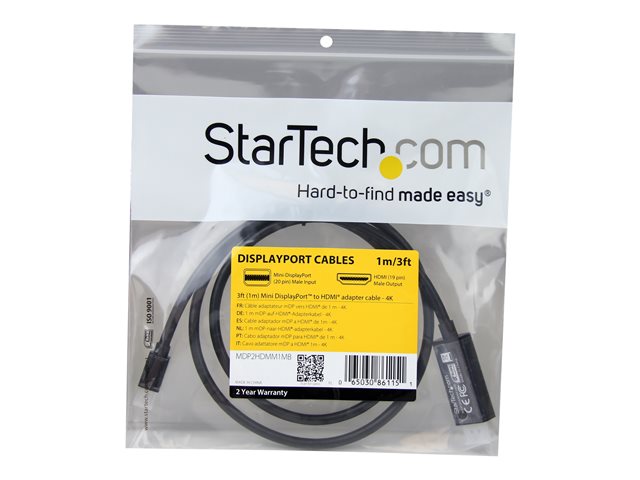 StarTech.com Mini DisplayPort to HDMI converter cable - 3 ft (1m) - mDP to HDMI adapter with built-in cable - (M / M) Ultra HD 4K (MDP2HDMM1MB) - Adapter cable - Mini DisplayPort male to HDMI male - 1 m - black - 4K support