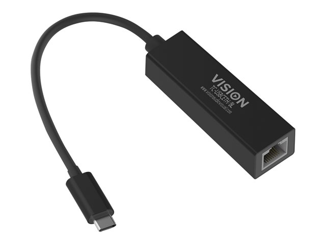 VISION Professional installation-grade USB-C to RJ45 Gigabit Ethernet network adapter - LIFETIME WARRANTY - 10/100/1000 mbps auto-sensing capability and auto-mdix (straight and crossed network cable auto-detection) - PXE boot function enabled - USB-C 3.1 (M) to RJ45 (F) - driver on USB adaptor - black