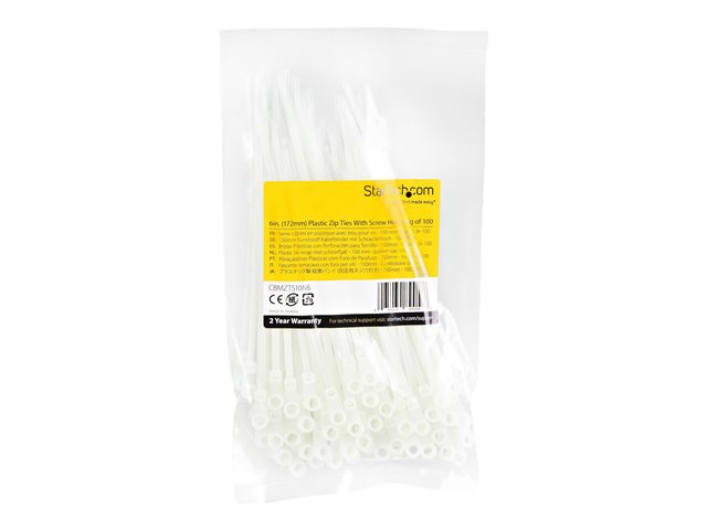 StarTech.com 15cm(6\") Cable Ties with Mounting Hole, 3mm(1/8\") wide, 40mm(1-1/2\") Bundle Dia. 18kg(40lb) Tensile Strength, Nylon 66 Self Locking Ties with Screw Hole, UL Listed, 100 Pack - UL94 V-2 Rated - TAA (CBMZTS10N6) - Cable tie - 17.2 cm - white - TAA Compliant (pack of 100)