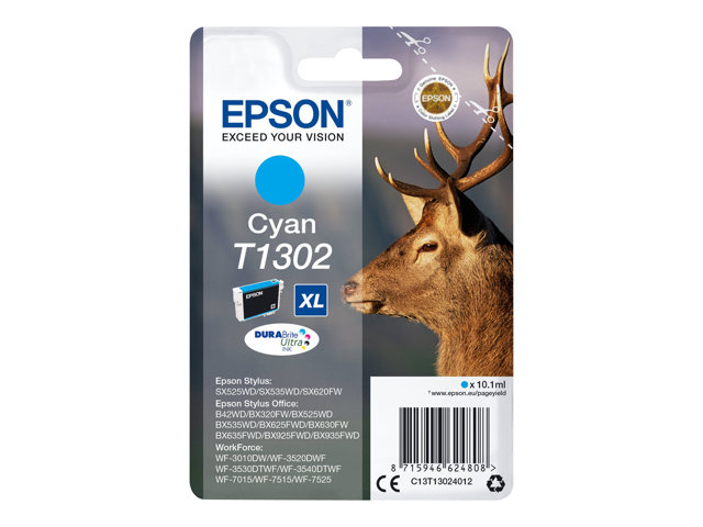 Epson T1302 - 10.1 ml - cyan - original - hang pack - ink cartridge (alternative for: Epson T1302) - for Stylus Office BX630, BX635, BX935, WorkForce WF-3010, 3520, 3530, 3540, 7015, 7515, 7525