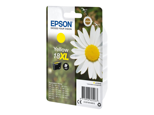 Epson 18XL - 6.6 ml - XL - yellow - original - ink cartridge - for Expression Home XP-212, 215, 225, 312, 315, 322, 325, 412, 415, 422, 425