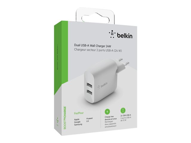 Belkin BoostCharge - Power adapter - 24 Watt - QC 3.0 - 2 output connectors (USB) - white