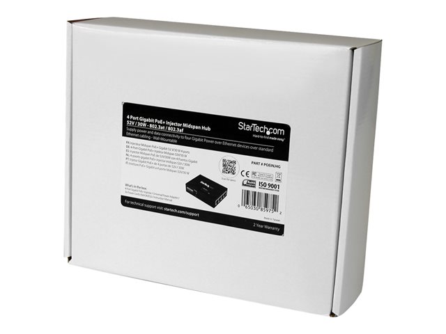 StarTech.com 4 Port Gigabit Midspan - PoE+ Injector - 802.3at and 802.3af - Wall-mountable Power over Ethernet Midspan (POEINJ4G) - PoE injector - AC 100-240 V - 120 Watt - output connectors: 4 - black - for P/N: POEEXT1GAT, POEEXT2GAT, ST12MHDLANU