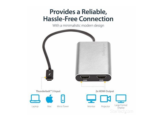 StarTech.com Thunderbolt 3 to Dual HDMI 2.0 Adapter - 4K 60Hz Dual Monitor TB3 HDMI Video Adapter - Thunderbolt 3 Certified -Mac & Windows (TB32HD24K60) - Adapter cable - 24 pin USB-C male to HDMI female - 28.4 m - silver - active, 4K60Hz (4096 x 2160) support - for P/N: TB33A1C