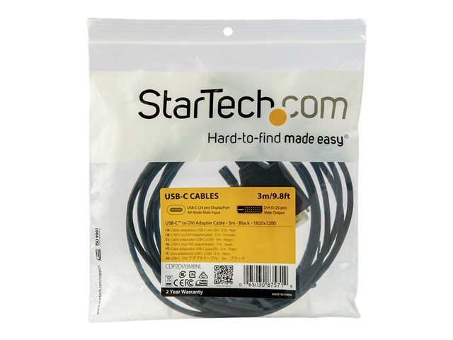 StarTech.com 10ft (3m) USB C to DVI Cable, 1080p (Single Link) USB Type-C (DP Alt Mode HBR2) to DVI-Digital Video Adapter Cable, Thunderbolt 3 Compatible, Laptop to DVI Monitor/Display - USB-C Adapter Cable (CDP2DVI3MBNL) - External video adapter - VIA/VLI - VL100 / Parade - PS171 - USB-C - DVI - black - for P/N: TB4CDOCK
