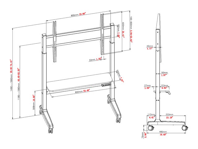 Display floor stand trolley - motorised - steel cart fits display 40 to 86\" with VESA sizes up to 800 x 600 - motorised height adjustment 400 mm - no tilt adjustment - wide bottom shelf - locking wheels - SWL 60 kg - black