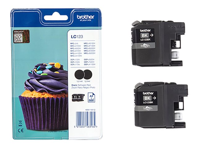 Brother LC123BK - 2-pack - High Yield - black - original - blister - ink cartridge - for Brother DCP-J100, J105, J132, J152, J552, J752, MFC-J245, J470, J650, J6520, J6720, J6920