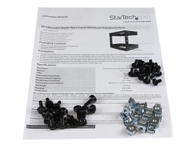 StarTech.com 8U 19\" Wall Mount Network Rack - 12\" Deep 2 Post Open Frame Server Room Rack for Data/AV/IT/Computer Equipment/Patch Panel with Cage Nuts & Screws 135lb Capacity, Black (RK812WALLO) - Rack - black - 8U - 19\" - for P/N: CABCAGENUTS6, CABSCREWM52, CABSCREWSM6, CABSCRWM520, CABSCRWM620, CABSCRWS1224