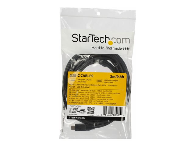 StarTech.com USB C To USB C Cable - 10 ft / 3m - USB-IF Certified - 5A PD - USB 2.0 - USB Type C Charging Cable - USB C Fast Charge Cable (USB2C5C3M) - USB cable - 24 pin USB-C (M) to 24 pin USB-C (M) - Thunderbolt 3 / USB 2.0 - 5 A - 3 m - black