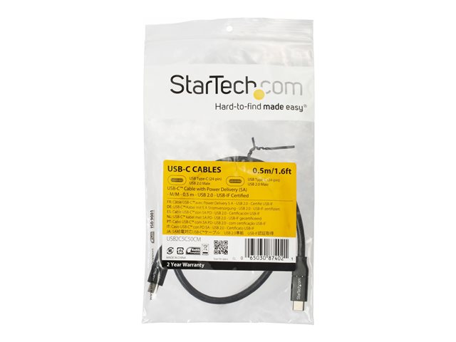 StarTech.com USB C to USB C Cable - 1.5 ft / 0.5m - 5A PD - White - USB 2.0 - USB-IF Certified - USB Type C Cable - USB C Charging Cable (USB2C5C50CM) - USB cable - 24 pin USB-C (M) to 24 pin USB-C (M) - Thunderbolt 3 / USB 2.0 - 5 A - 50 cm - black