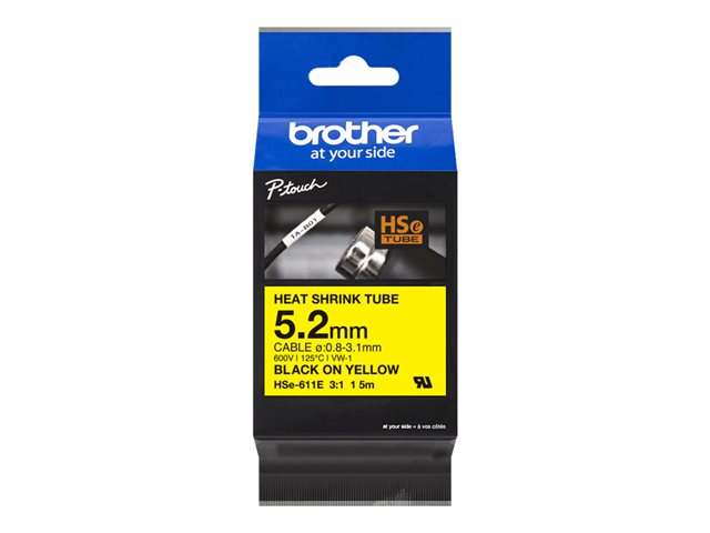 Brother HSe-611E - Black on yellow - Roll (0.52 cm x 1.5 m) 1 cassette(s) hanging box - heat shrink tube tape - for P-Touch PT-D800, PT-E300, PT-E310, PT-E550, PT-P700, PT-P750, PT-P900, PT-P950