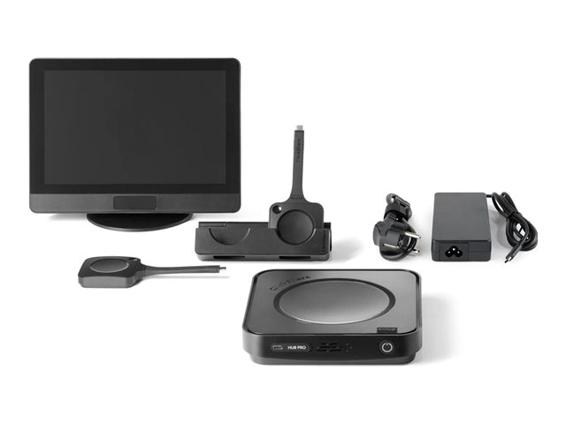 Bundle Product: Clickshare RS HUB Pro EU with 2 Buttons. Includes: main unit (Hub Pro), control panel, Gen5 Button Tray (2 buttons), Power Supply 100W, Power Cord and Box.