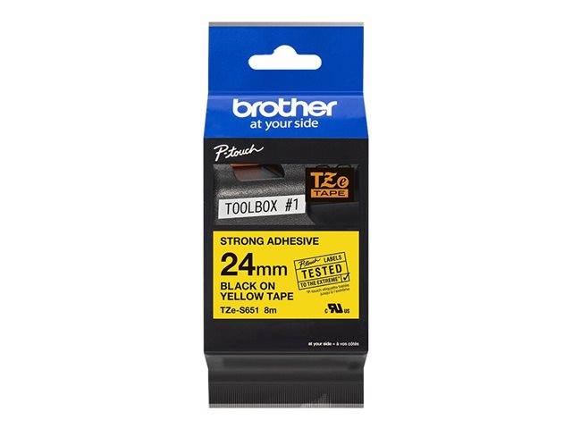 Brother TZe-S651 - Extra strength adhesive - black on yellow - Roll (2.4 cm x 8 m) 1 cassette(s) laminated tape - for Brother PT-D600, P-Touch PT-3600, D800, E550, E800, P750, P900, P950, P-Touch EDGE PT-P750