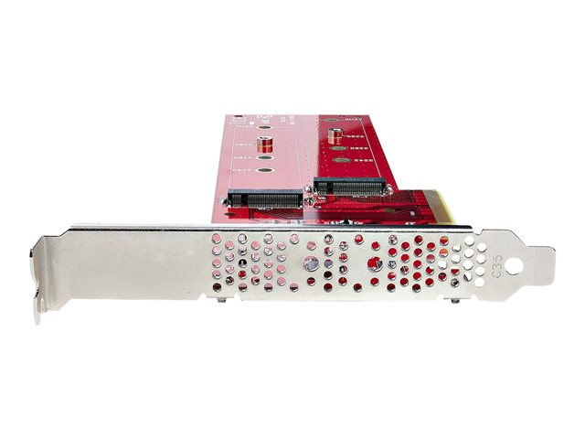 StarTech.com Dual M.2 PCIe SSD Adapter Card, x8 / x16 Dual NVMe or AHCI M.2 SSD to PCI Express 4.0, Up to 7.8GBps/Drive, For 2242/2260/2280/22110mm PCIe M-Key M2 SSDs, Bifurcation Required - PC/Linux Compatible (DUAL-M2-PCIE-CARD-B) - Interface adapter - M.2 - Expansion Slot to 2 x M.2 - M.2 Card - low profile - RAID RAID 0, 1, JBOD - PCIe 4.0 x16/x8 - red