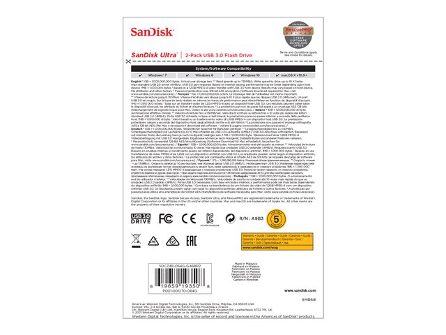 SanDisk Ultra - USB flash drive - 64 GB - USB 3.0 - blue, red (pack of 2)
