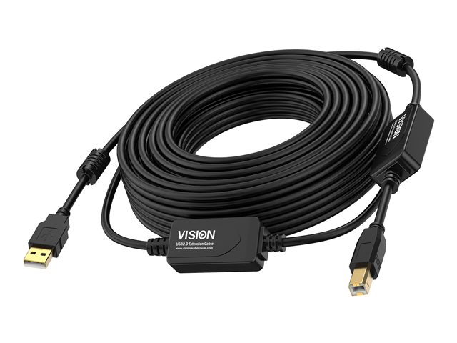 VISION Professional installation-grade USB 2.0 active cable - LIFETIME WARRANTY - in-line booster half way along cable - gold plated connectors - ferrite cores both ends - bandwidth 480mbit/s - USB-A (M) to USB-B (M) - diameter 4.8 mm - 28+24 AWG - 10 m - black