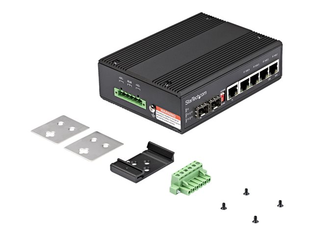 StarTech.com Industrial 6 Port Gigabit Ethernet Switch, 4 PoE RJ45 +2 SFP Slots 30W PoE+ 12-48VDC 10/100/1000 Rugged Power Over Ethernet LAN Switch -40C to 75C, DIN Mountable, Hardened - Fast Ethernet Switch (IES1G52UP12V) - Switch - 1 x 10/100/1000 + 4 x 10/100/1000 (PoE+) + 2 x SFP - DIN rail mountable - PoE+ (120 W) - DC power