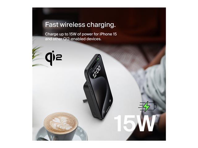 Belkin BoostCharge Pro - Wireless power bank - magnetic with Qi2 - 10000 mAh - 15 Watt - Fast Charge, PD - 2 output connectors (magnetic, 24 pin USB-C) - on cable: USB-C - black - for Apple iPhone 12, 13, 14, 15