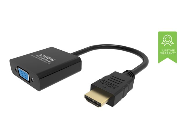 VISION Professional installation-grade HDMI to VGA adaptor - LIFETIME WARRANTY - maximum resolution 1920 x 1080 - does not convert VGA to HDMI - HDMI (M) to VGA (F) - outer diameter 5.0 mm - overall length 230 mm - black