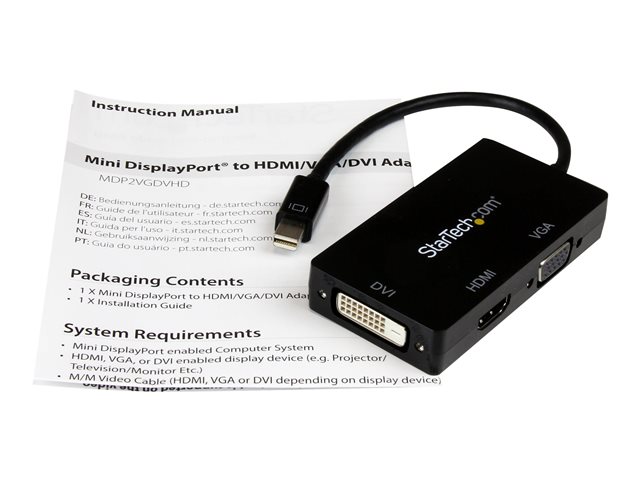 StarTech.com 3 in 1 Mini DisplayPort Adapter - 1080p - Mini DP / Thunderbolt to HDMI / VGA / DVI Splitter for Your Monitor (MDP2VGDVHD) - Adapter - Mini DisplayPort male to HD-15 (VGA), DVI-D, HDMI female - 27 cm - black - active, 1920 x 1200 (WUXGA) support - for P/N: DKT31CMDPHPD