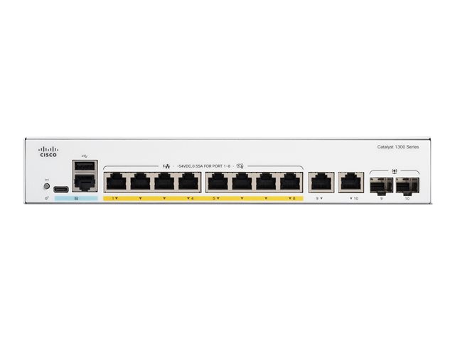 Cisco Catalyst 1300-8P-E-2G - Switch - L3 - Managed - 8 x 10/100/1000 (PoE+) + 2 x combo Gigabit SFP/RJ-45 - rack-mountable - PoE+ (60 W)