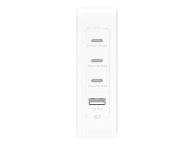 Belkin BoostCharge Pro - Power adapter - GaN technology - 140 Watt - Fast Charge, Power Delivery 3.1 - 4 output connectors (3 x USB-C, USB) - white