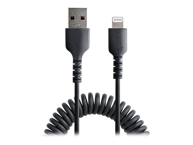 StarTech.com 1m (3ft) USB to Lightning Cable, MFi Certified, Coiled iPhone Charger Cable, Black, Durable and Flexible TPE Jacket Aramid Fiber, Heavy Duty Coil Charging Cable - Rugged USB Lightning Cable - Lightning cable - USB male to Lightning male - 1 m - black - coiled