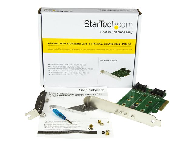 StarTech.com 3-port M.2 SSD (NGFF) Adapter Card - Supports 1x PCIe (NVMe) M.2 SSD, 2x SATA III M.2 SSDs - PCIe 3.0 Adapter (PEXM2SAT32N1) - Interface adapter - M.2 - M.2 Card / SATA 6Gb/s - PCIe 3.0