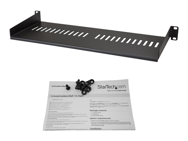 StarTech.com 1U Vented Server Rack Cabinet Shelf, 7in Deep Fixed Cantilever Tray, Rackmount Shelf for 19\" AV/Data/Network Equipment Enclosure w/ Cage Nuts & Screws, 44lbs Weight Capacity - 1U Vented Rack Shelf (CABSHELF1U7V) - Rack shelf - black - 1U - 7\"