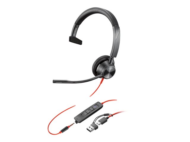 Poly Blackwire 3315 Monaural Microsoft Teams Certified USB-C Headset +3.5mm Plug +USB-C/A Adapter - Replaces Poly SKU 214015-101