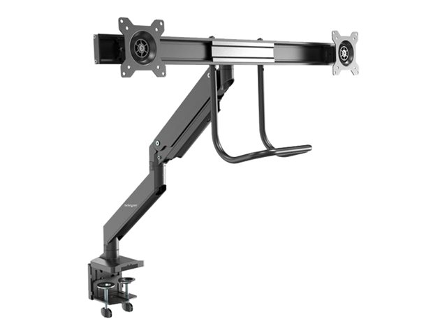 StarTech.com Desk Mount Dual Monitor Arm, Ergonomic Dual Monitor VESA Mount for 32\" 17.6lbs (8kg) Displays, Crossbar Handle for Synchronized Full Motion, Height Adjustable, C-Clamp/Grommet - Small Footprint Design (ARMSLMBARDUO) - Mounting kit - adjustable arm - for 2 monitors - heavy duty steel - black - screen size: 17\"-32\" - desk-mountable