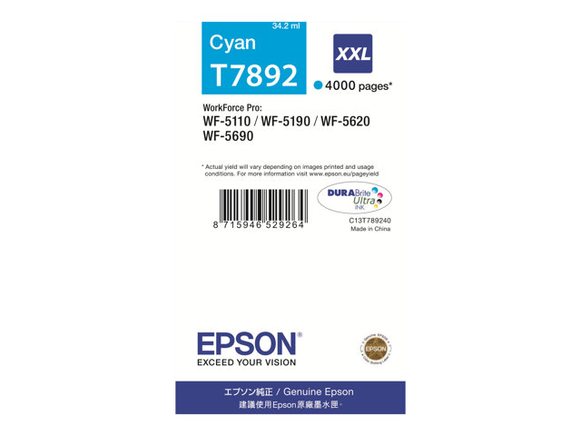 Epson T7892 - 34.2 ml - XXL size - cyan - original - ink cartridge - for WorkForce Pro WF-5110DW, WF-5190DW, WF-5190DW BAM, WF-5620DWF, WF-5690DWF, WF-5690DWF BAM