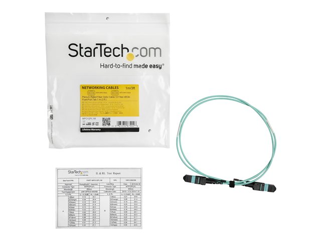 StarTech.com MTP Fiber Optic Cable - 3 ft / 1m - OM3 - 40Gb - Push / Pull Tab - Plenum - MPO / MTP Connector - Fiber Patch Cable (MPO12PL1M) - Network cable - MTP/MPO multi-mode (F) push/pull to MTP/MPO multi-mode (F) push/pull - 1 m - fibre optic -