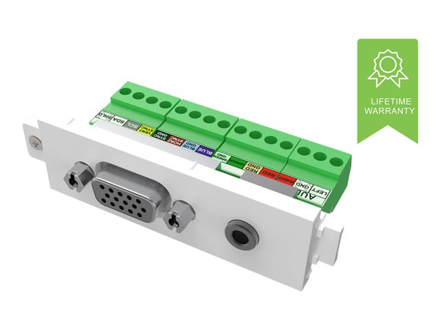 VISION Techconnect Modular AV Faceplate - LIFETIME WARRANTY - VGA and Minijack module - female 15-pin VGA and minijack socket for audio on front - bare-wire phoenix connectors on rear - suits pre-terminated Vision cables - fixes into Techconnect surrounds - plastic - white