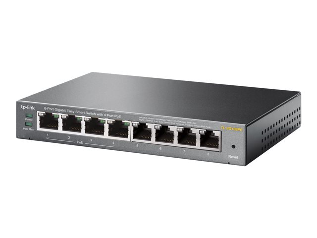8-Port Gigabit Desktop PoE Easy Smart Switch, 8 Gigabit RJ45 ports including 4 PoE ports, 55W PoE Power supply, MTU/Port/Tag-based VLAN, QoS, IGMP Snooping, steel case
