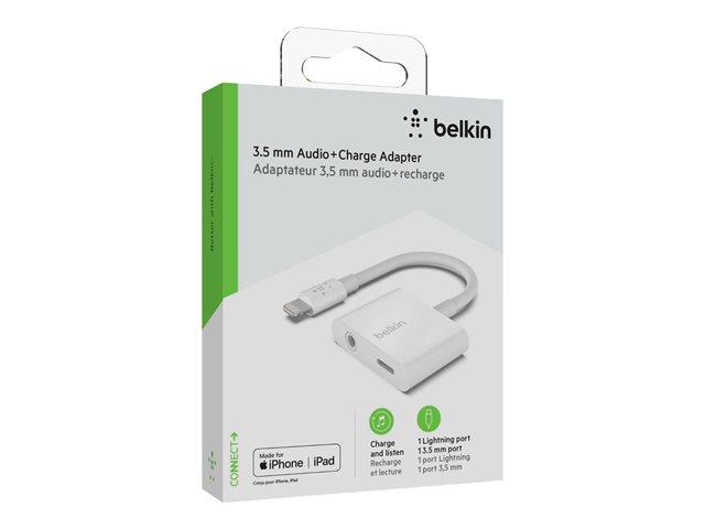 Belkin 3.5 mm Audio + Charge RockStar - Lightning to headphone jack / charging adapter - Lightning male to 4-pole mini jack, Lightning female - white