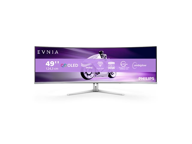 Philips Evnia 8000 49M2C8900L - OLED monitor - gaming - curved - 49\" (48.9\" viewable) - 5120 x 1440 Dual Quad HD @ 144 Hz - 1000 cd/m² - 1000000:1 - DisplayHDR 400 True Black - 0.03 ms - 2xHDMI, DisplayPort, USB-C - speakers with subwoofer - white