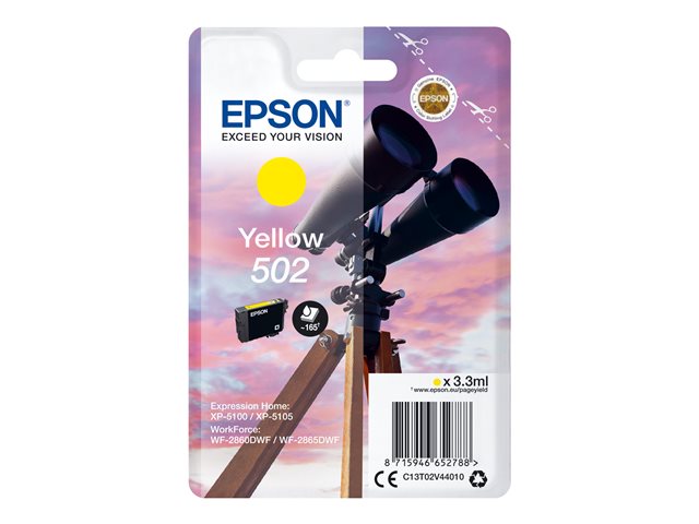 Epson 502 - 3.3 ml - yellow - original - blister - ink cartridge - for Expression Home XP-5100, 5105, 5150, 5155, WorkForce WF-2860, 2865, 2880, 2885