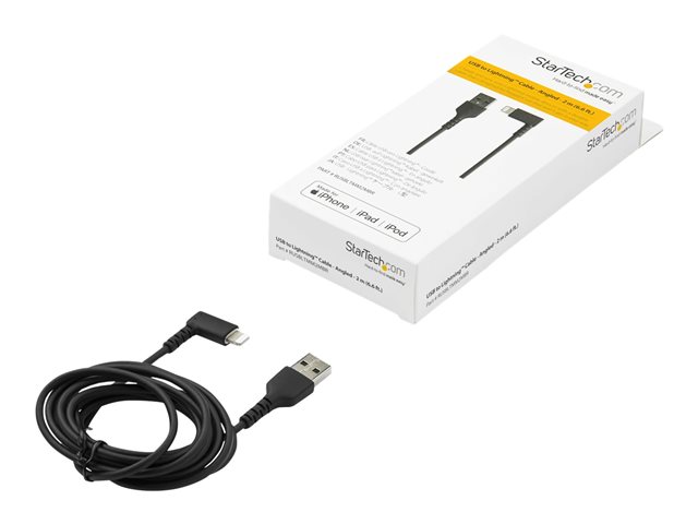 StarTech.com 6ft (2m) Durable USB A to Lightning Cable, Black 90° Right Angled Heavy Duty Rugged Aramid Fiber USB Type A to Lightning Charging/Sync Cord, Apple MFi Certified, iPhone 12 Pro - iPhone 7/8/11/11 Pro - Lightning cable - Lightning male angled to USB male - 2 m - double shielded - black