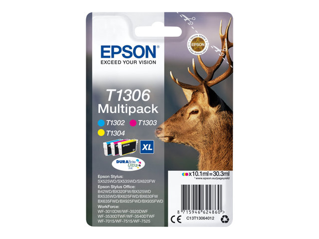 Epson T1306 Multipack - 3-pack - 30.3 ml - XL - yellow, cyan, magenta - original - ink cartridge - for Stylus Office BX630, BX635, BX935, WorkForce WF-3010, 3520, 3530, 3540, 7015, 7515, 7525