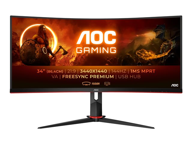 AOC Gaming CU34G2X/BK - G2 Series - LED monitor - gaming - curved - 34" (34" viewable) - 3440 x 1440 WQHD @ 144 Hz - VA - 300 cd/m² - 3000:1 - 1 ms - 2xHDMI, DisplayPort - textured black, textured red