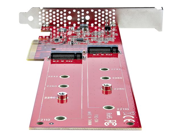 StarTech.com Dual M.2 PCIe SSD Adapter Card, x8 / x16 Dual NVMe or AHCI M.2 SSD to PCI Express 4.0, Up to 7.8GBps/Drive, For 2242/2260/2280/22110mm PCIe M-Key M2 SSDs, Bifurcation Required - PC/Linux Compatible (DUAL-M2-PCIE-CARD-B) - Interface adapter - M.2 - Expansion Slot to 2 x M.2 - M.2 Card - low profile - RAID RAID 0, 1, JBOD - PCIe 4.0 x16/x8 - red